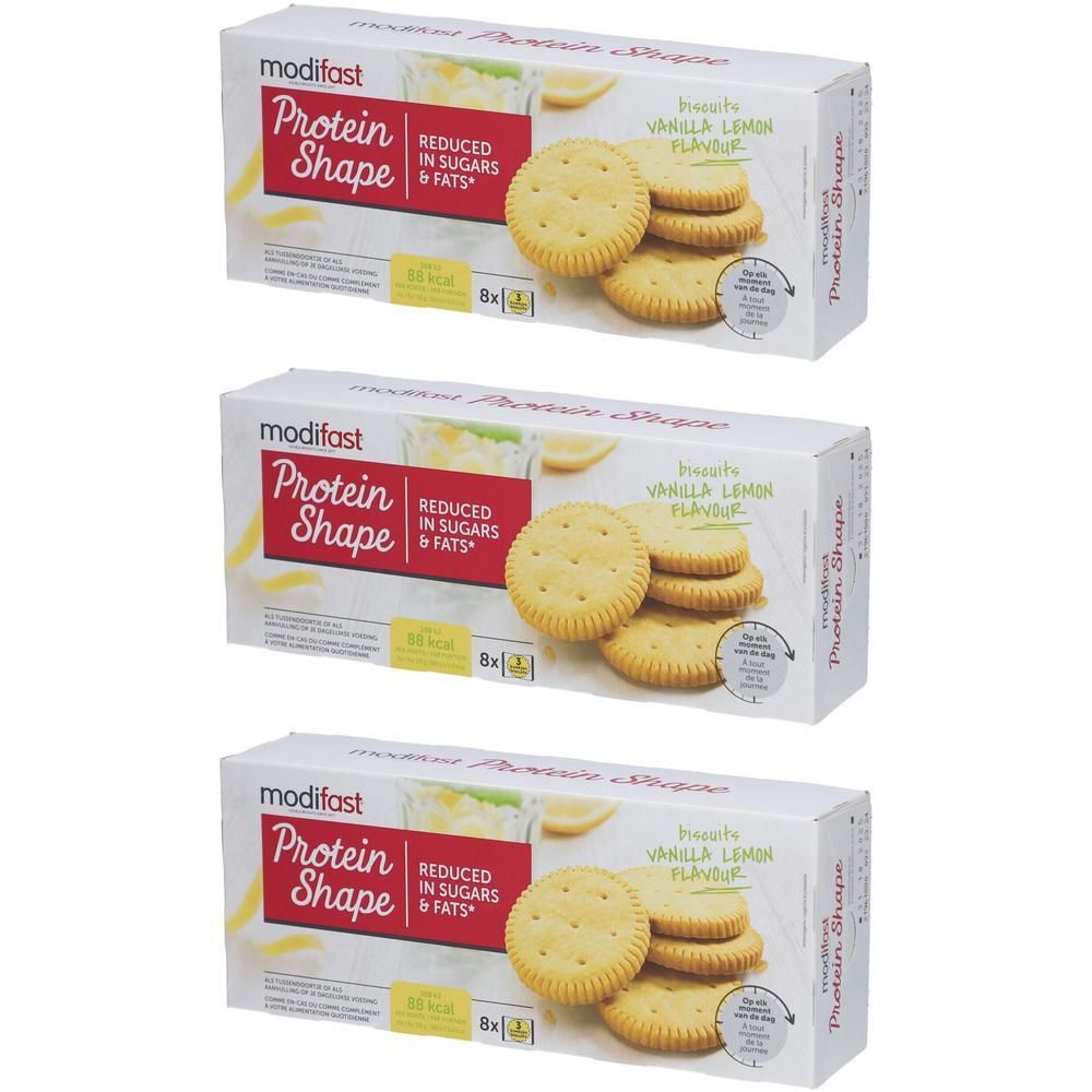 Drie pakken Modifast Protein Shape koekjes, vanille citroen smaak, gereduceerd in suikers en vetten.