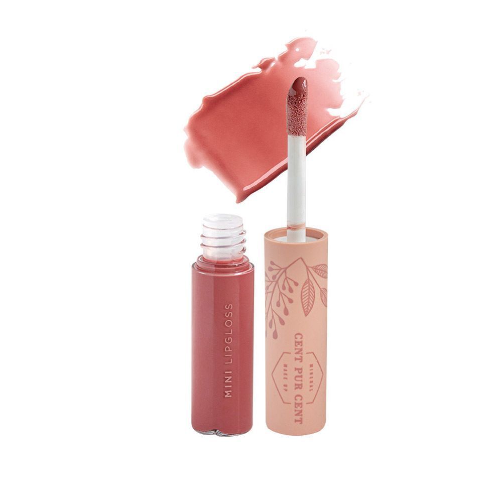 Un mini gloss à lèvres Cent Pur Cent avec applicateur et échantillon de couleur.
