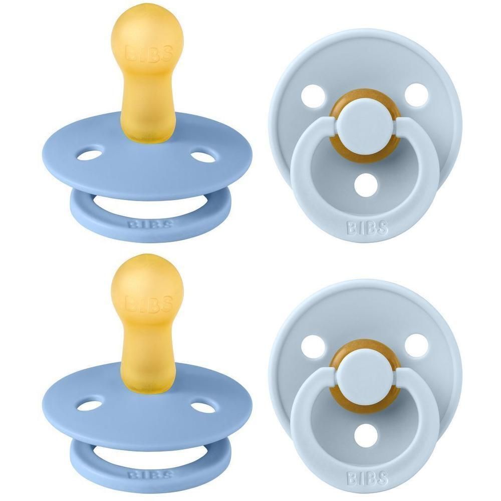 Deux tutelles BIBS bleu ciel et bleu bébé avec poignées jaune et blanche.