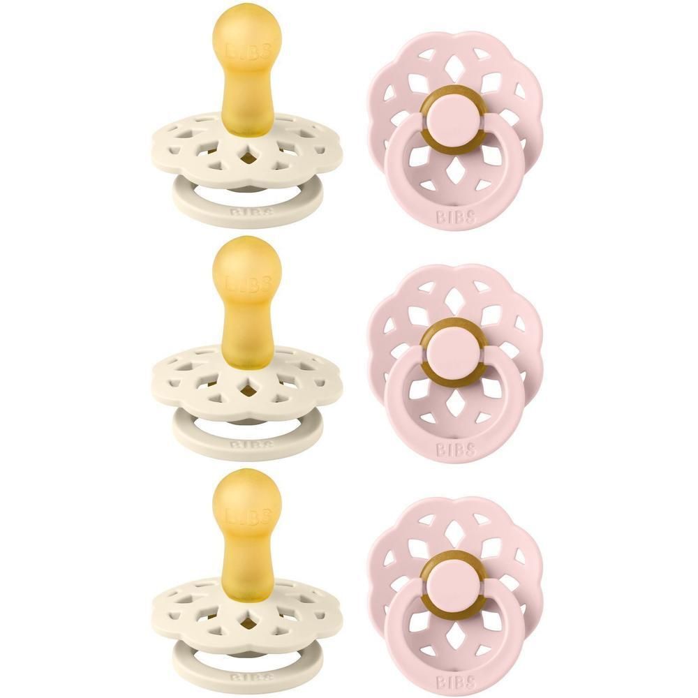 Twee BIBS spenen, één in ivoor met gele speen, één in roze met lichte knop.