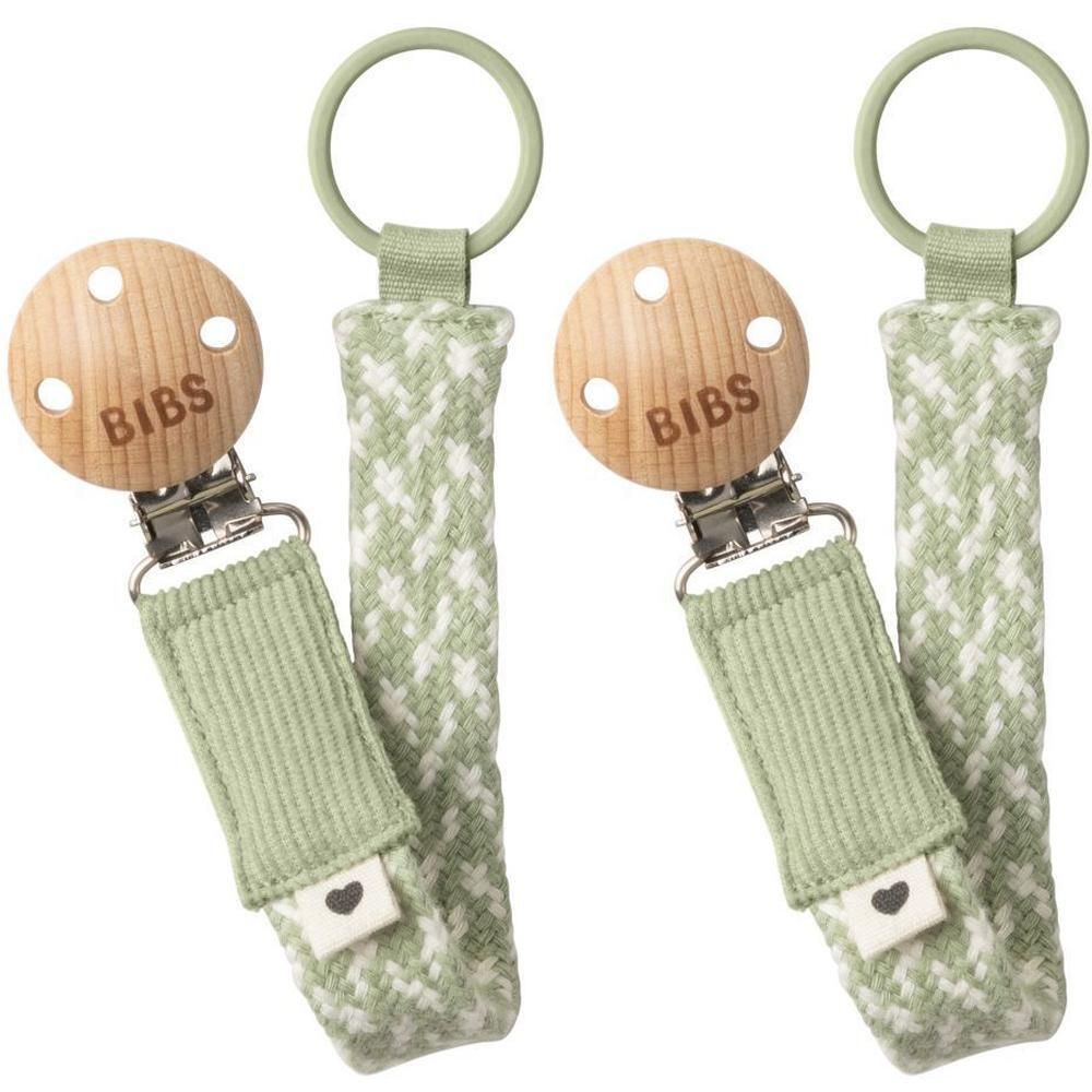 Twee BIBS fopspeenkoorden met houten clip en sage/wit bandje.