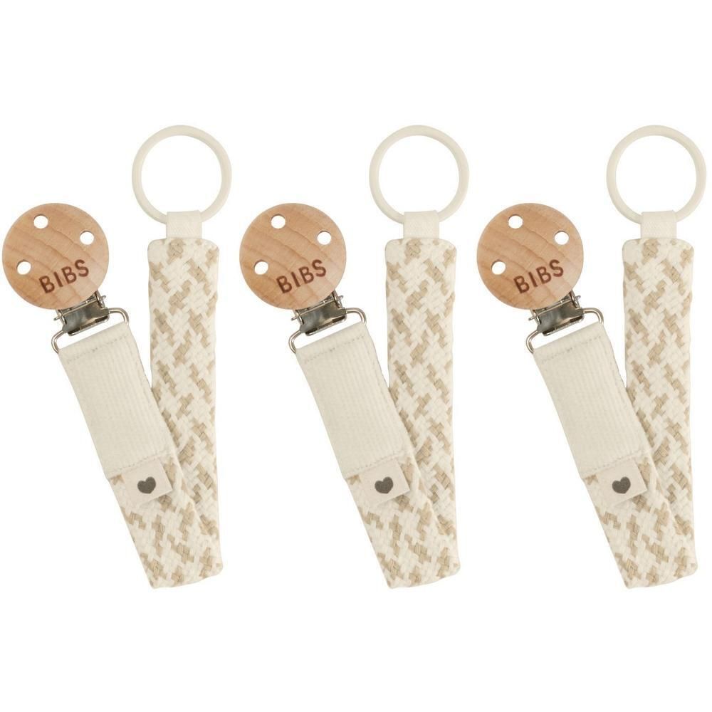 Drie BIBS fopspeenkoorden met houten clip en pied-de-poule band.