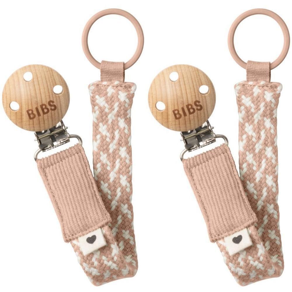 Twee roze gevlochten fopspeenkoorden van hout en stof met BIBS-logo.
