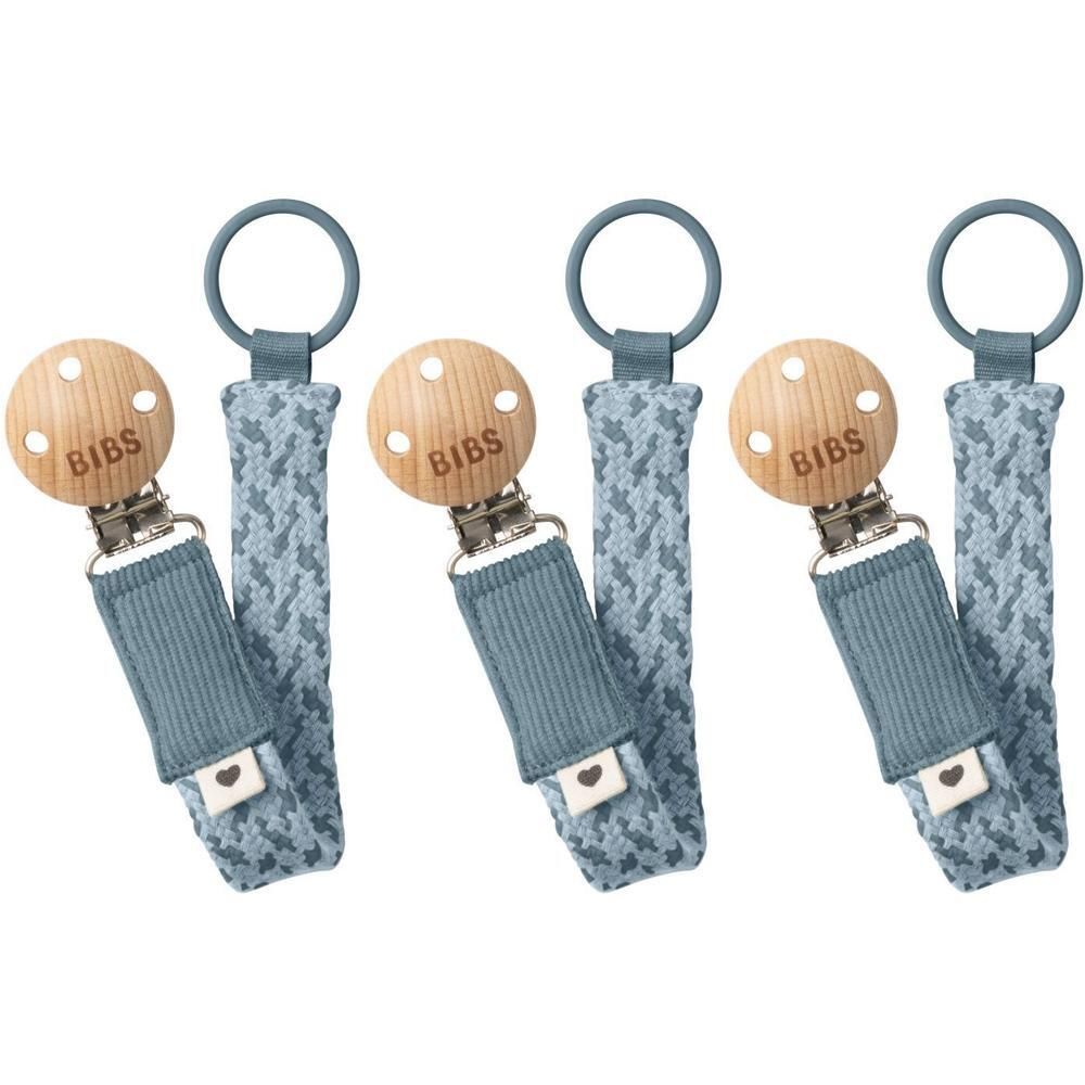 Trois attaches-sucette BIBS avec perle en bois et ruban à motif bleu.