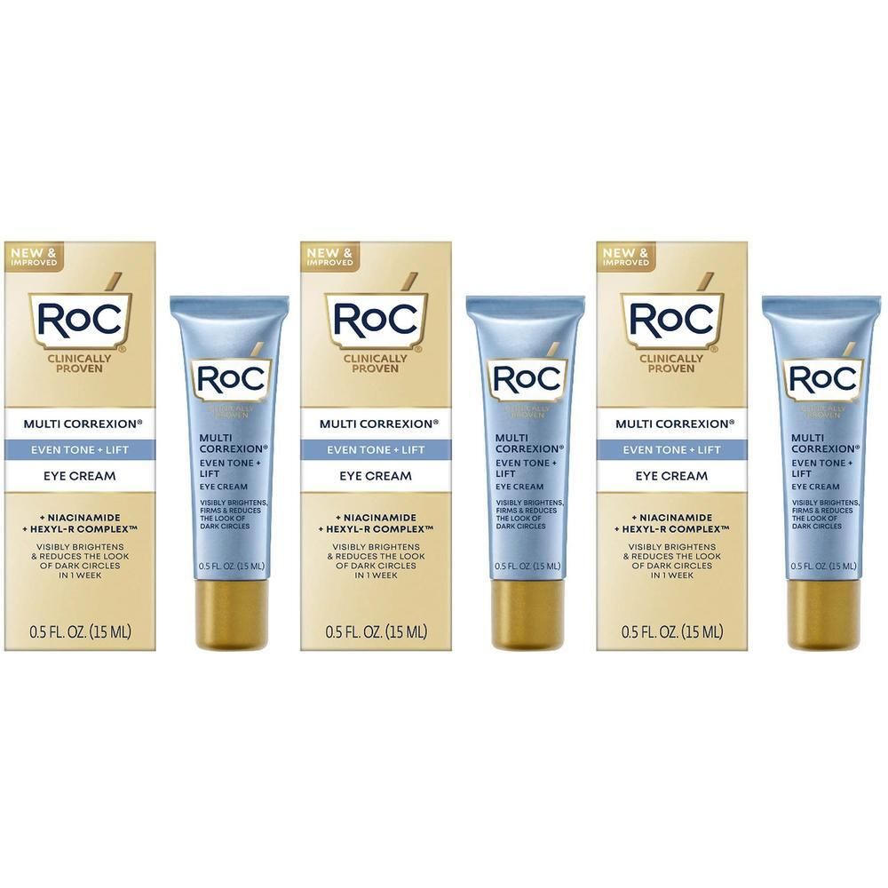 Vier tubes en dozen RoC Multi Correxion oogcrème.