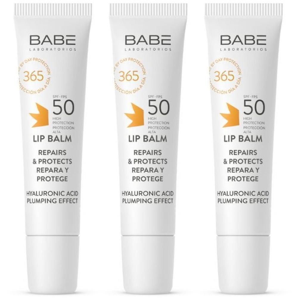 Trois baumes à lèvres BABÉ SPF 50, acide hyaluronique, réparateurs et protecteurs.