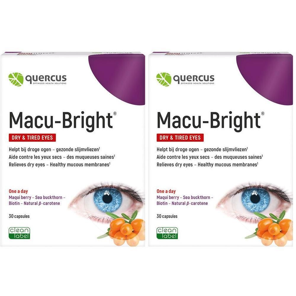 Twee verpakkingen Quercus Macu-Bright capsules voor droge en vermoeide ogen. Bevat 30 capsules per verpakking.