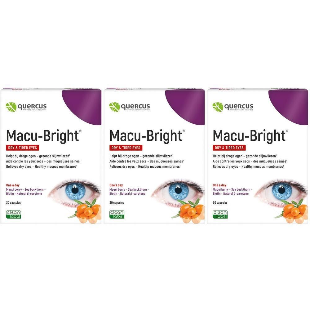 Trois boîtes Quercus Macu-Bright pour yeux secs et fatigués, illustrées d'yeux et d'argousier.