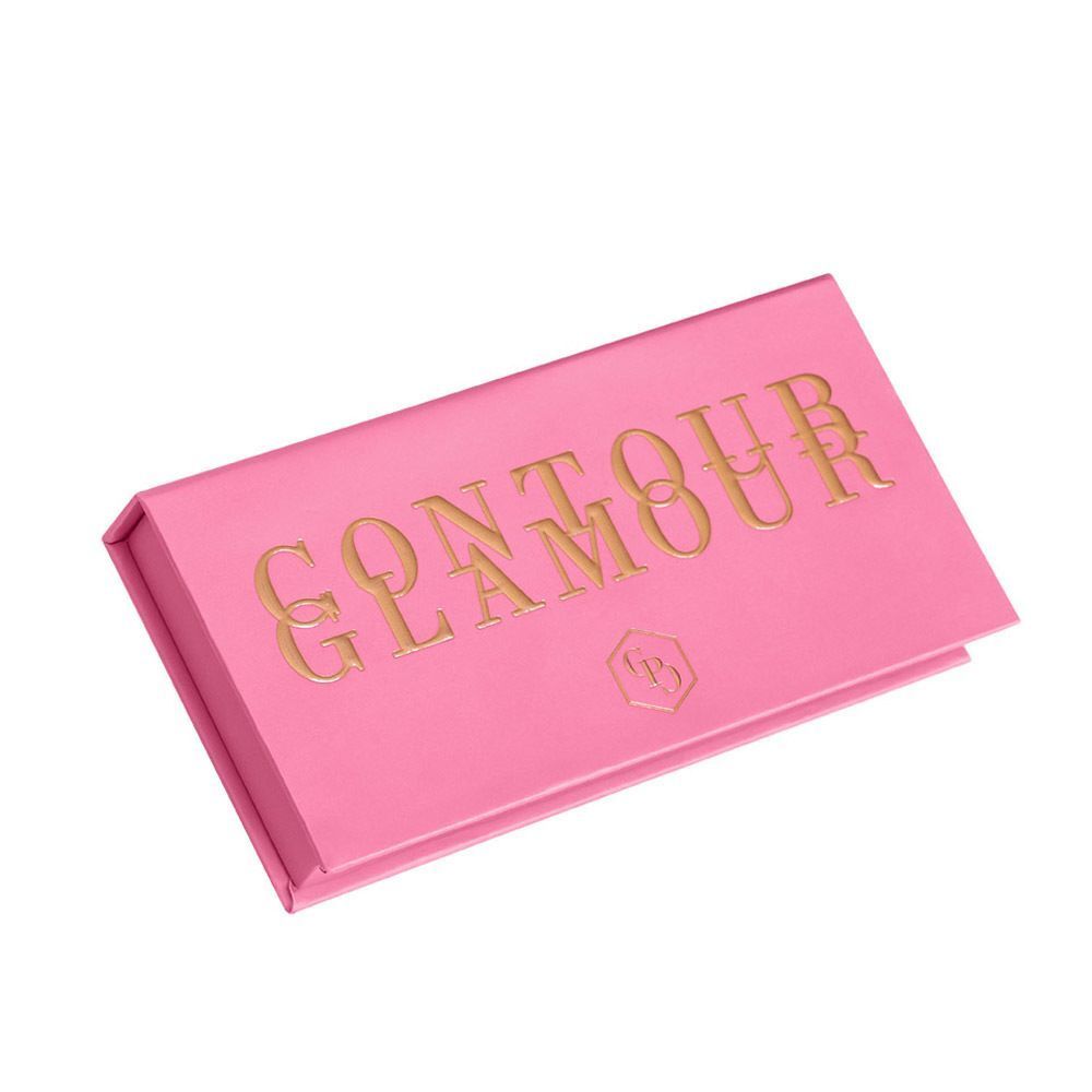 Gesloten roze palette met gouden opdruk "CONTOUR GLAMOUR" en een logo.