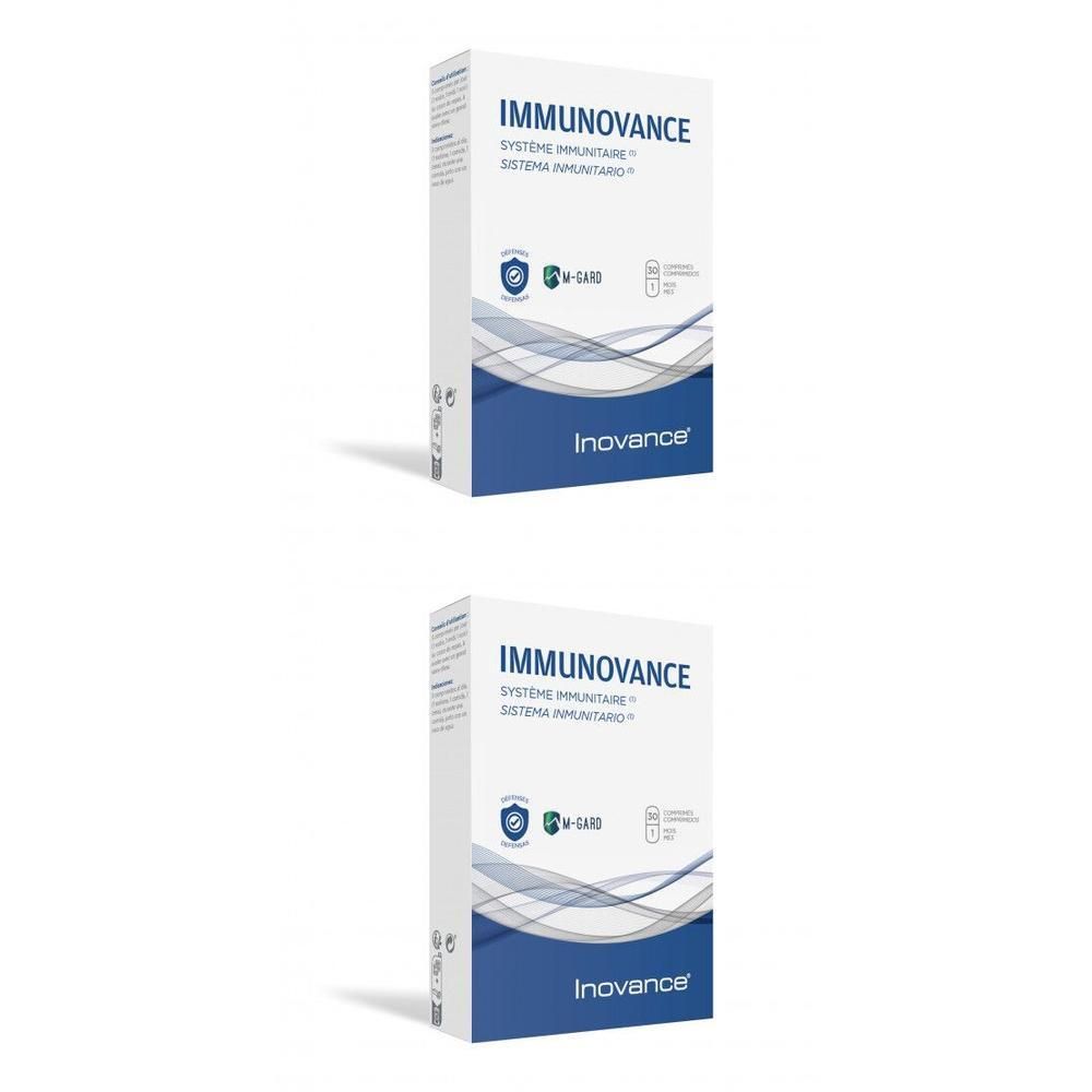 Twee verpakkingen INOVANCE Immunovance, witte dozen met blauwe accenten en productinformatie.