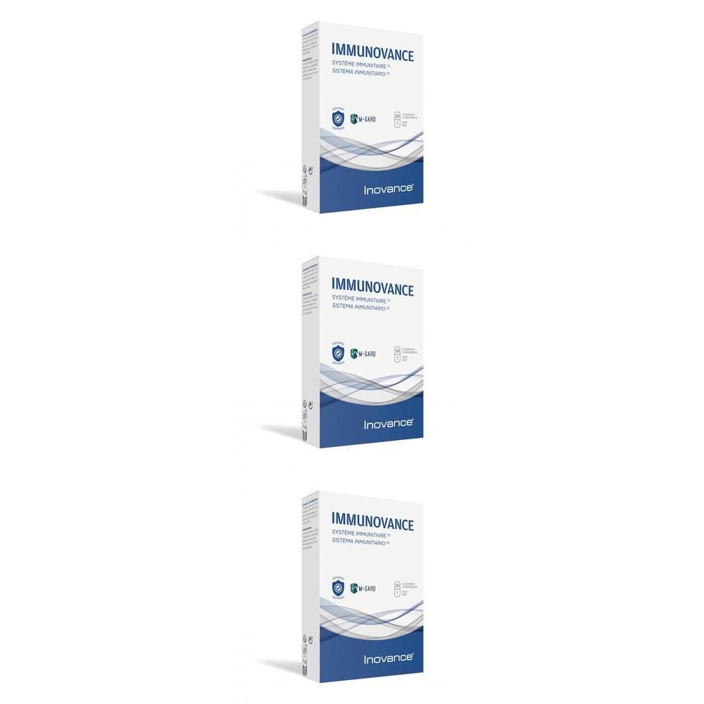 Trois boîtes d'INOVANCE Immunovance avec des lignes ondulées bleues et blanches et un symbole de bouclier.