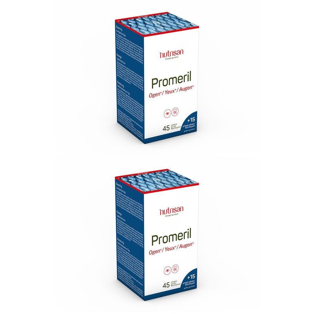 Deux boîtes de capsules Nutrisan Promeril, 45 + 15 gratuites. Pour les yeux.