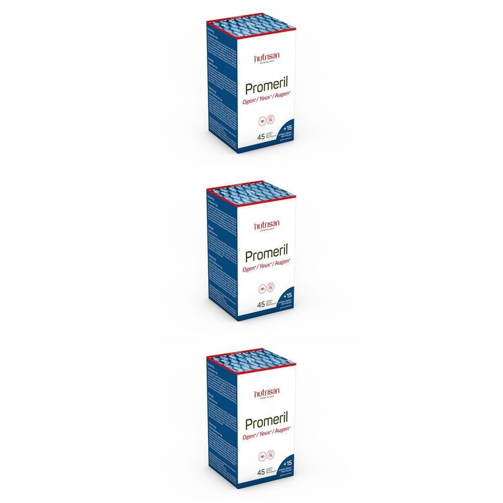 Drie verpakkingen Nutrisan Promeril capsules, elk met 45 capsules.