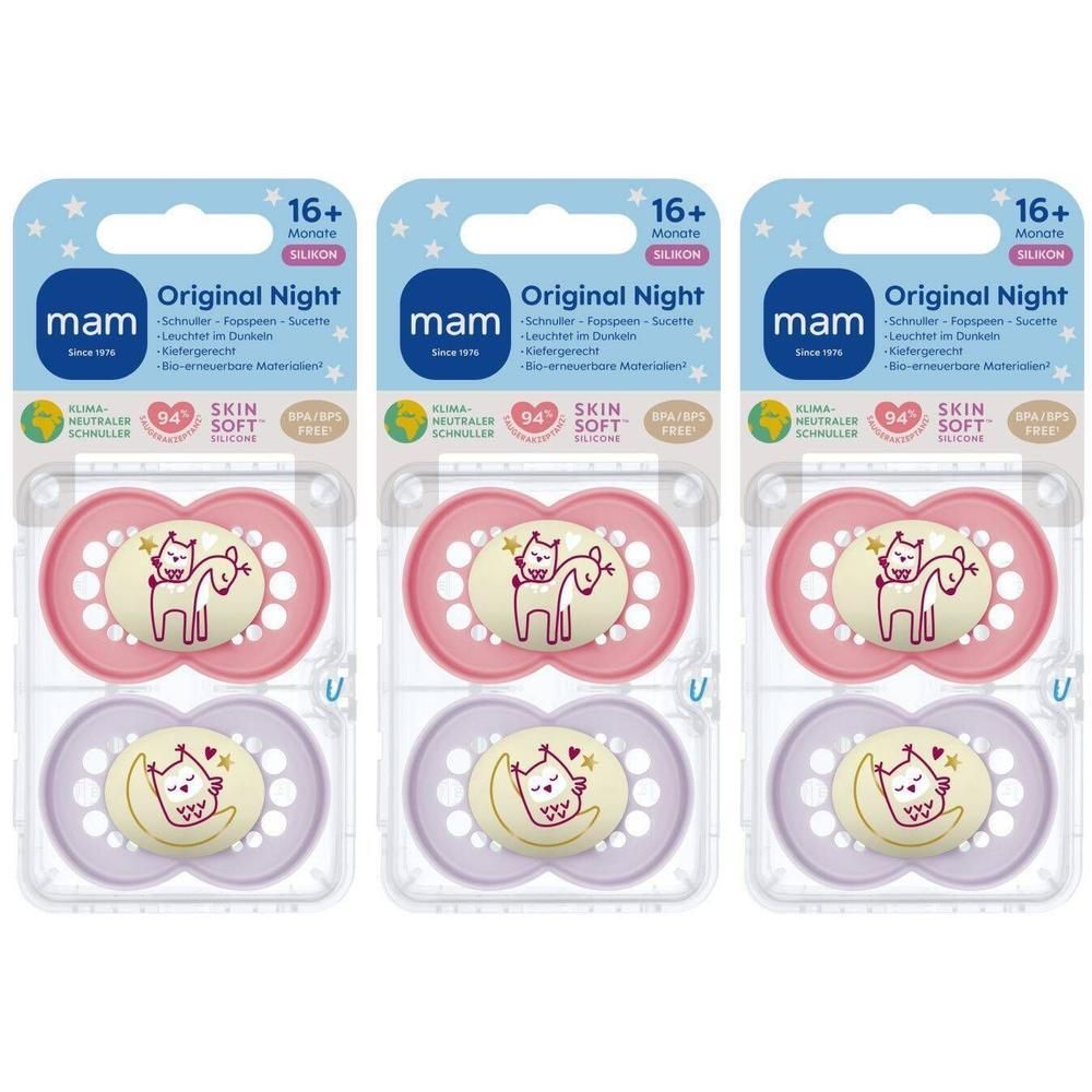 Lot de 2 sucettes MAM Original Night, rose et violet, 16 mois et plus.
