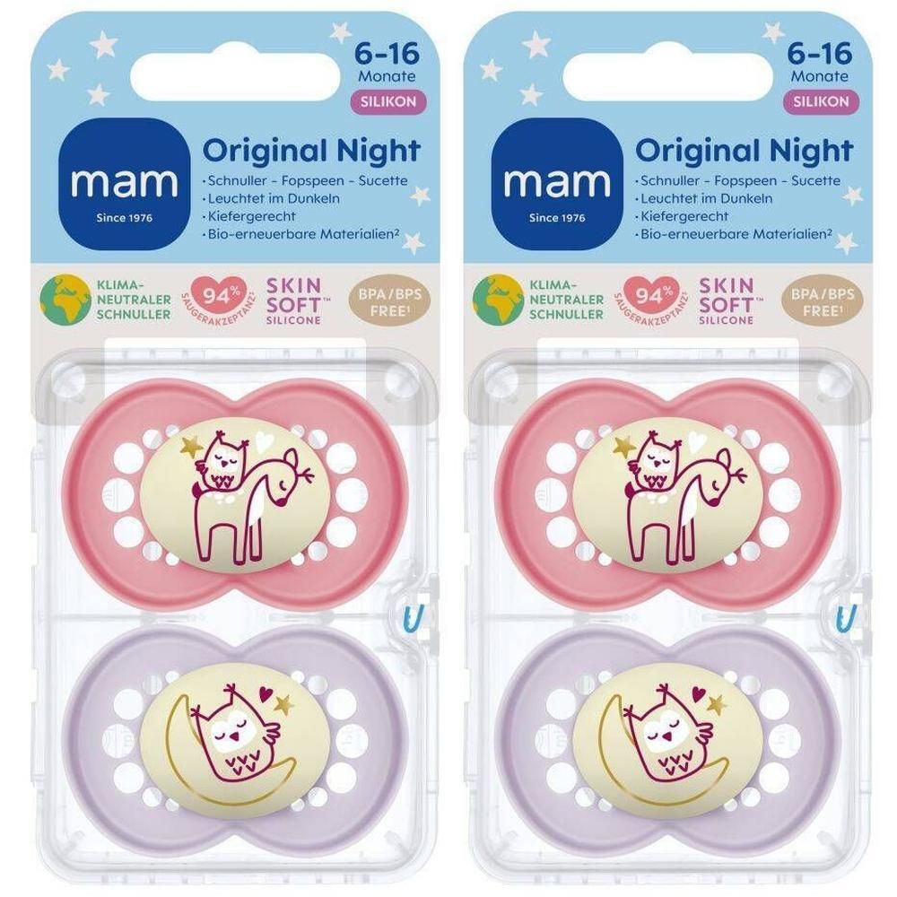 Twee MAM Original Night fopspenen van siliconen, 6-16 maanden. Eén roze met paard, één paars met uil op maan.