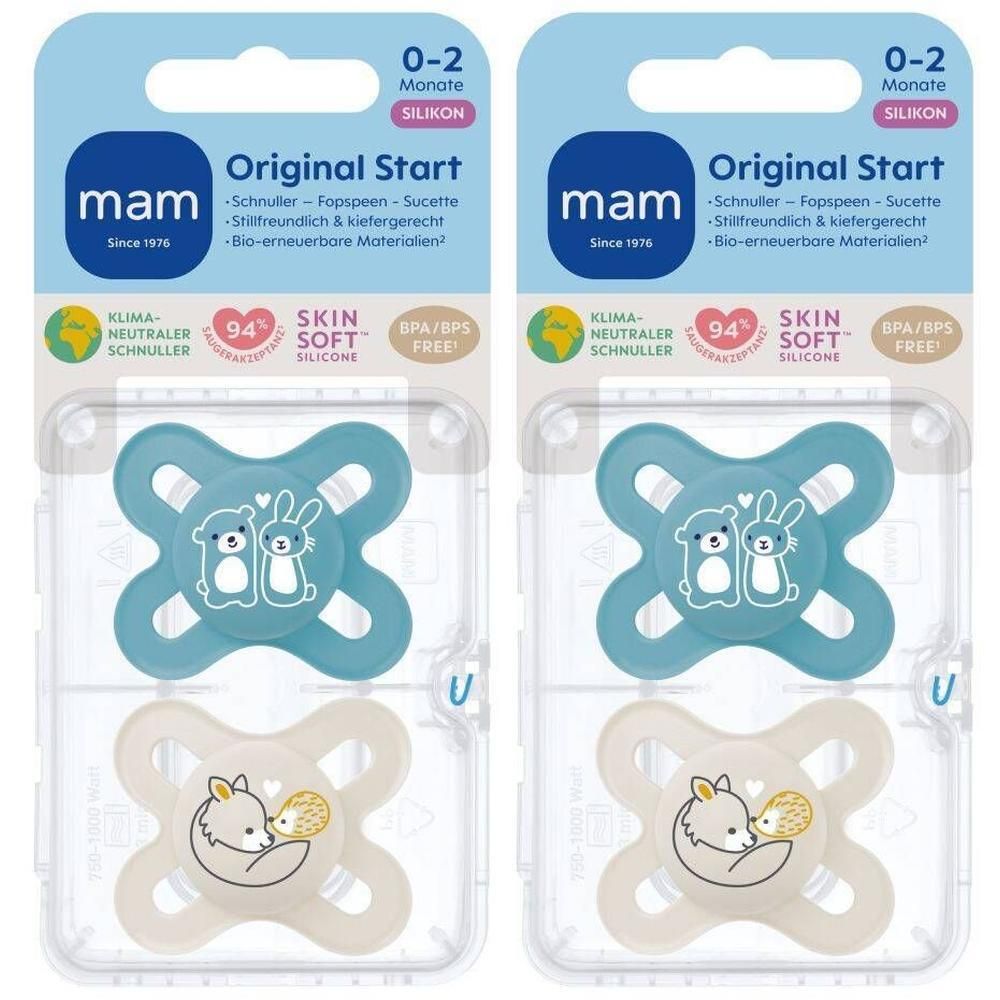 Deux sucettes MAM Original Start en silicone pour 0-2 mois, avec motifs animaux.