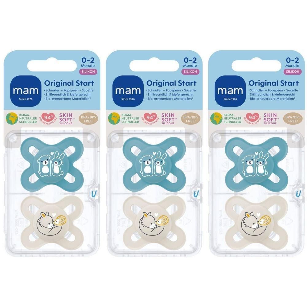 Trois sucettes MAM Original Start pour 0-2 mois, deux bleues motif lapin, une beige motif renard.
