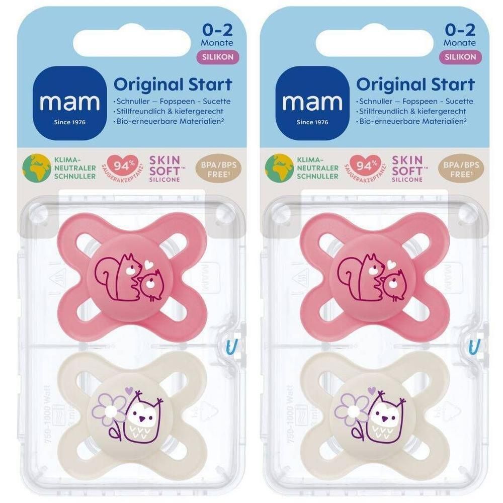 Twee MAM Original Start fopspenen, 0-2 maanden, siliconen. Eén roze speen met eekhoorn-motief, één crème met uil-motief.