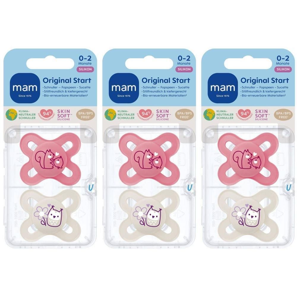 Deux sucettes MAM Original Start, 0-2 mois, silicone. Rose avec écureuil, beige avec hibou.