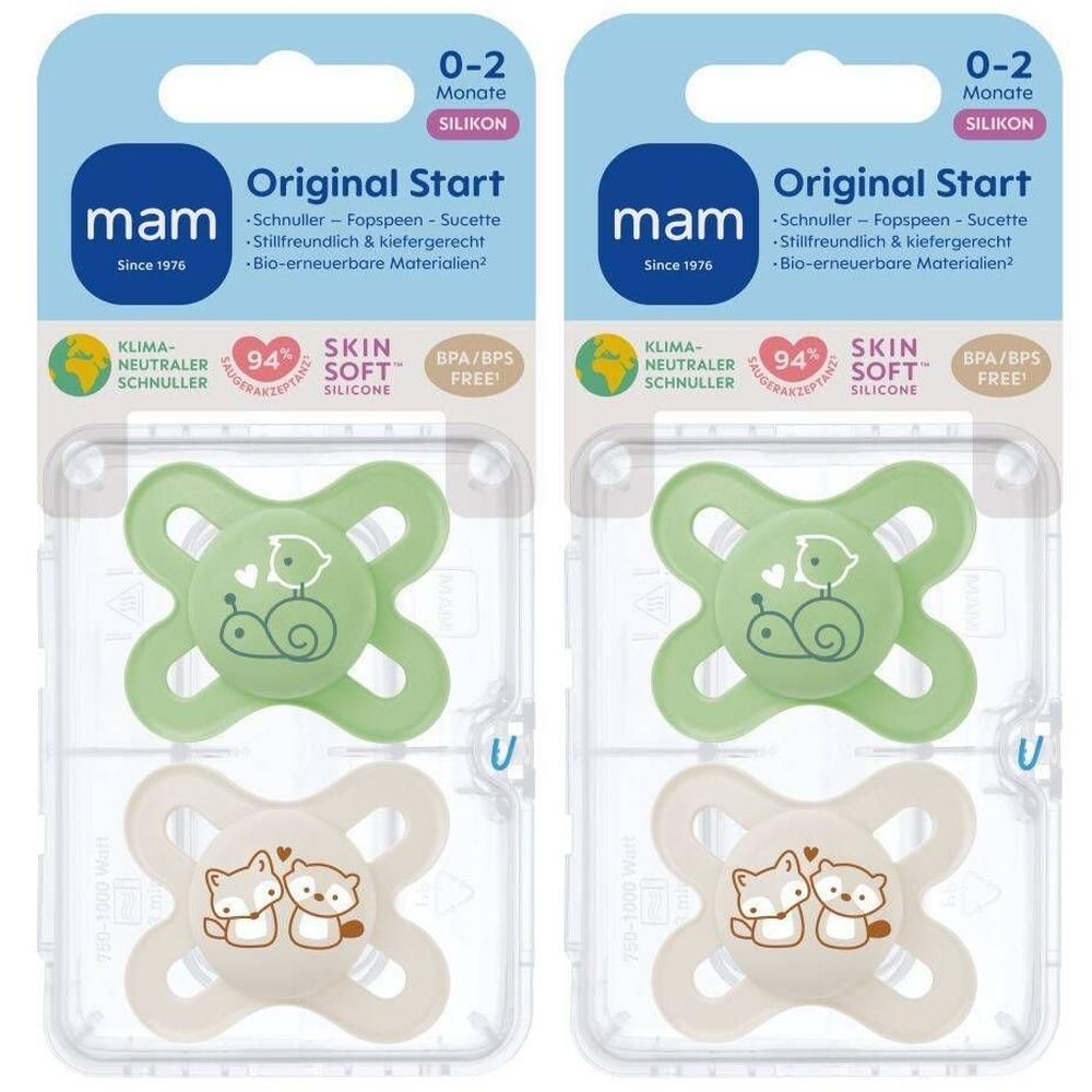 Deux sucettes MAM Original Start, 0-2 mois, silicone. Une sucette verte avec décor oiseau et escargot, une crème avec décor renard et raton laveur.