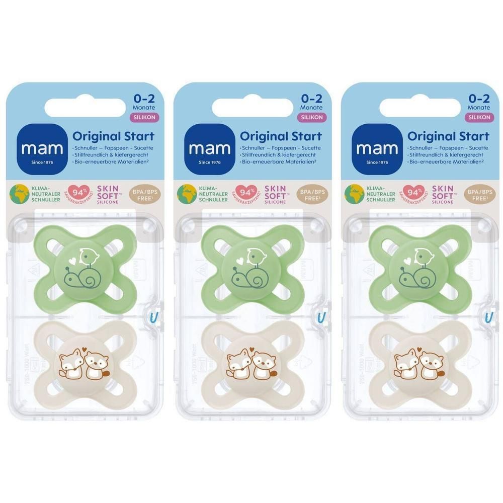Deux sucettes MAM Original Start, 0-2 mois, silicone. Une verte motif escargot, une beige motif renard.