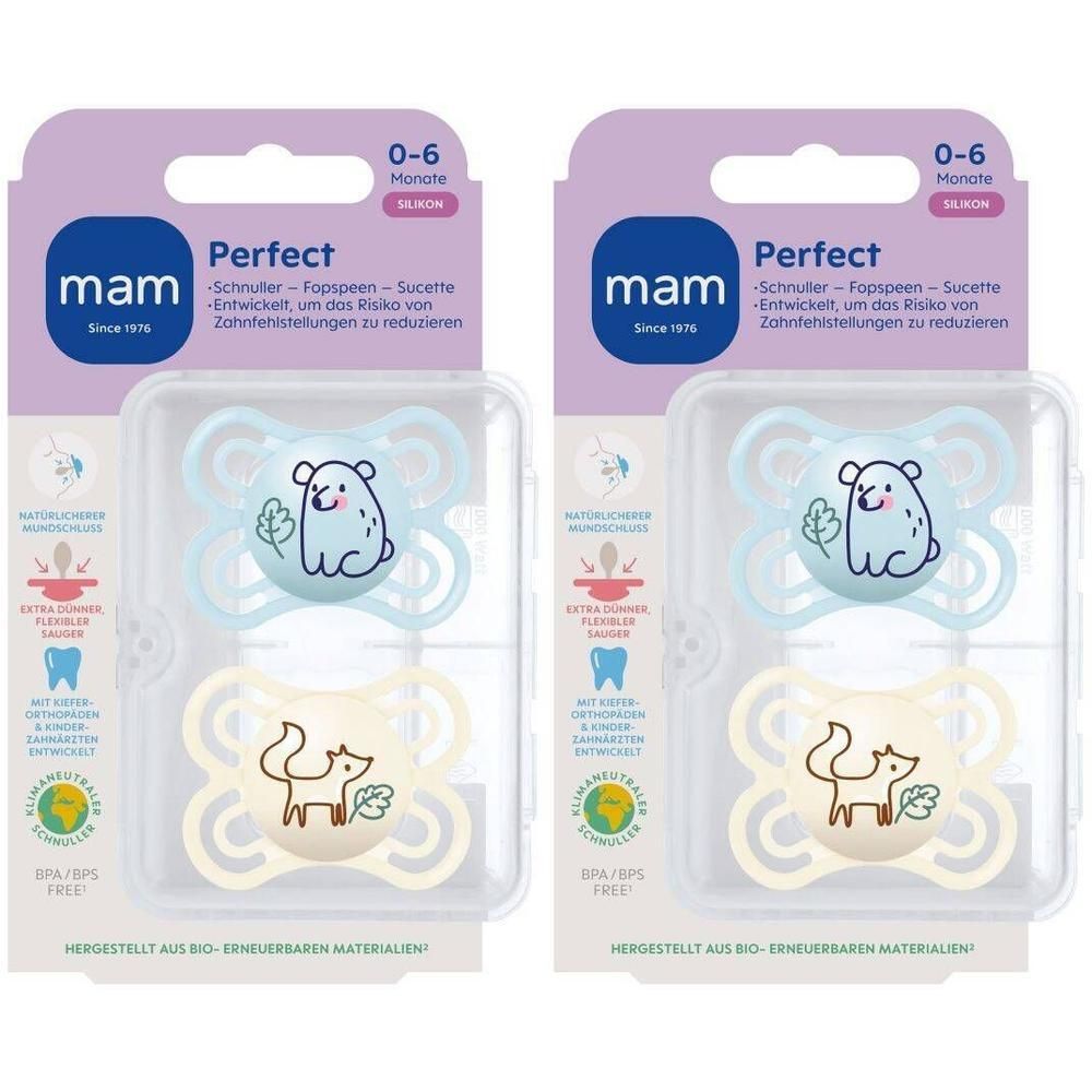 Deux sucettes MAM Perfect, 0-6 mois, silicone. Une bleue avec motif ours, une jaune avec motif renard.