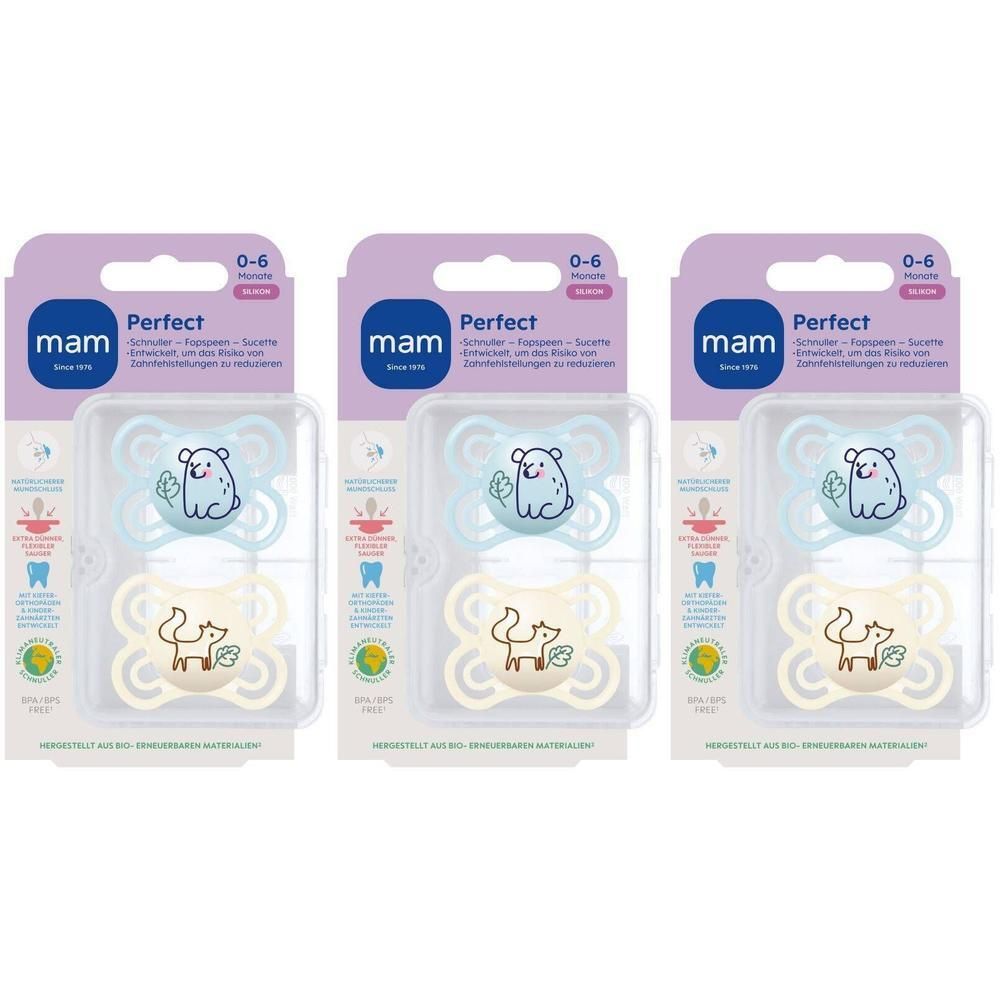 Trois sucettes MAM Perfect en emballage, 0-6 mois. Une sucette bleue et deux beiges avec motifs d'animaux.