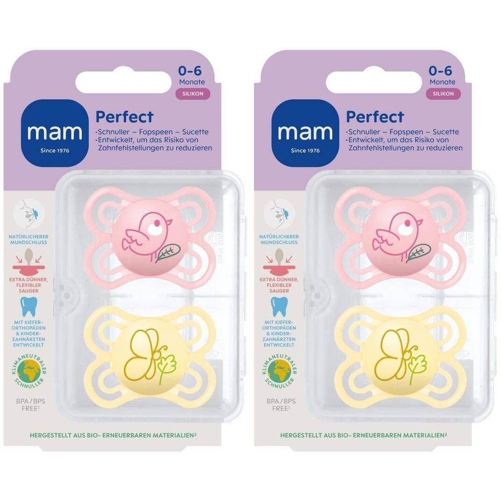 Twee MAM Perfect spenen, 0-6 maanden. Een roze speen met vogel, een gele speen met vlinder.