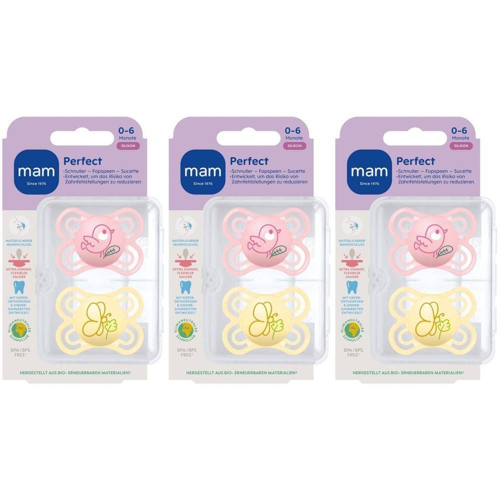 Trois sucettes MAM Perfect en silicone lilas et jaune, 0-6 mois, avec motifs oiseau et papillon.