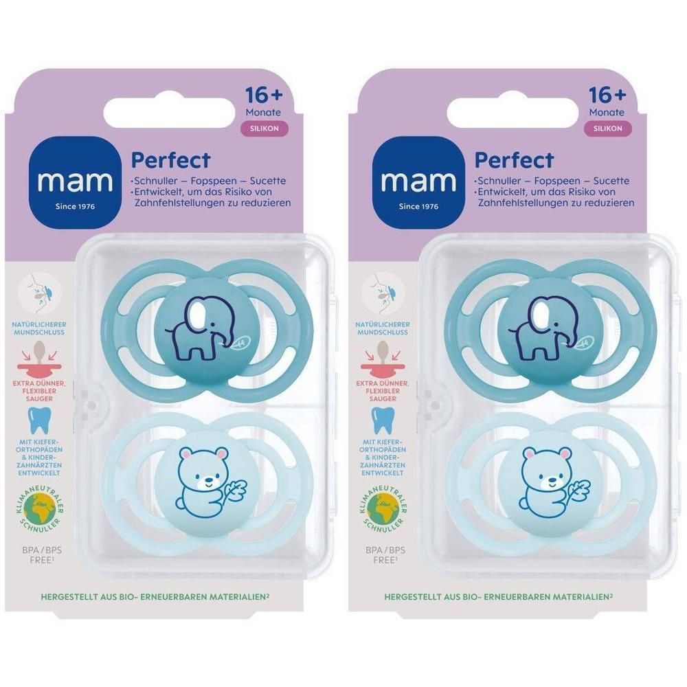 Twee MAM Perfect fopspeen van blauw siliconen, 16+ maanden. Met olifant- en berenmotief.