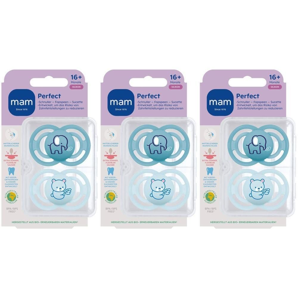Drie pakken MAM Perfect fopspenen van blauwe siliconen voor baby's vanaf 16 maanden. Met olifant- en teddybeer-motief.