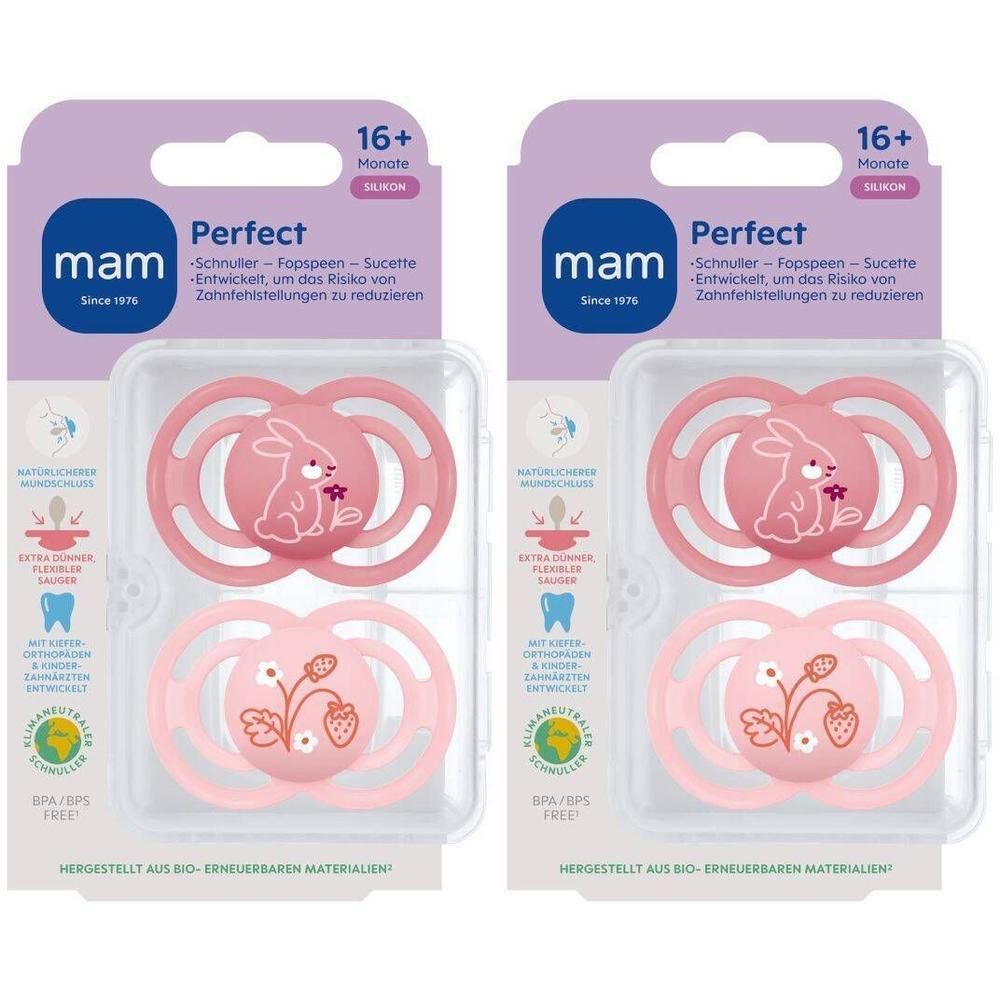 Twee roze MAM Perfect fopspenen voor baby's vanaf 16 maanden, met konijn- en aardbeienmotief.