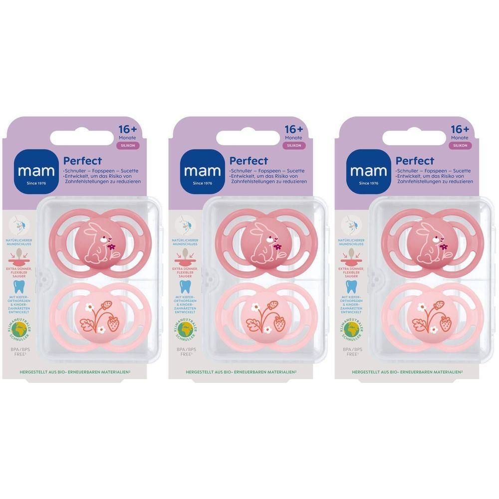 Drie MAM Perfect fopspenen van roze siliconen voor baby's vanaf 16 maanden, met konijn- en aardbeienmotief.