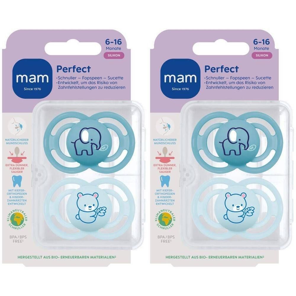 Twee MAM Perfect fopspenen in blauw, 6-16 maanden. Eén speen met olifant, de andere met beertje.