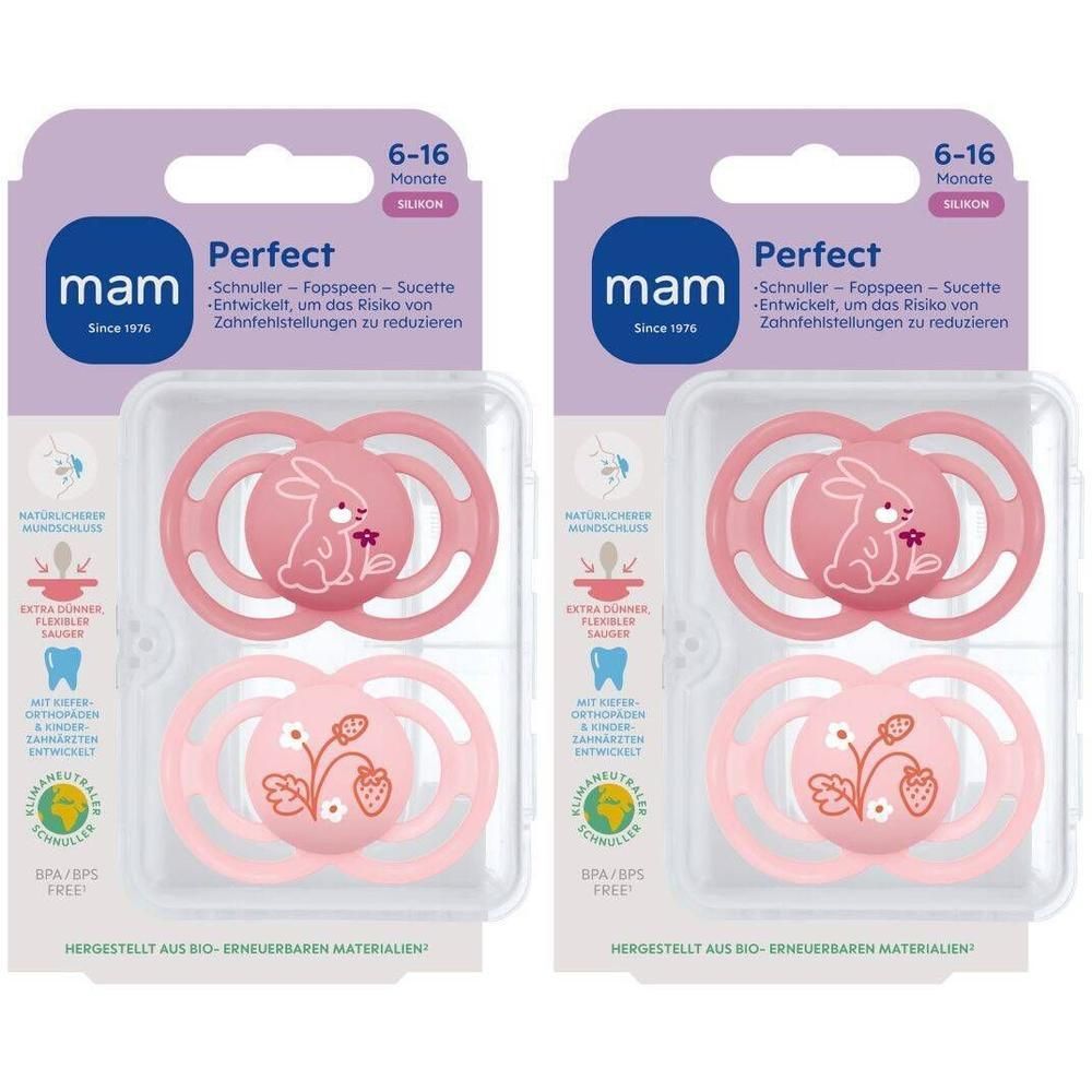 Twee roze MAM Perfect spenen (6-16 maanden) met konijn- en aardbeienmotief, BPA/BPS-vrij.