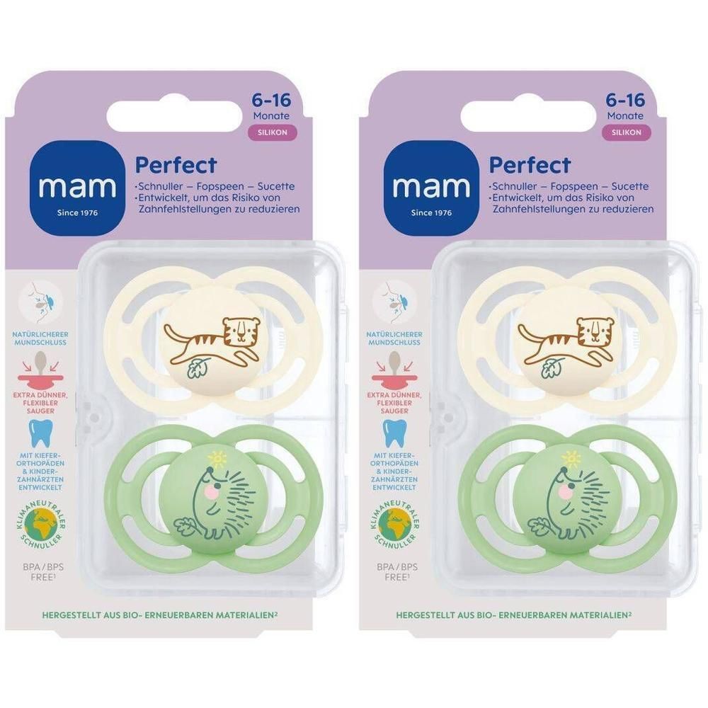 Deux sucettes MAM Perfect, 6-16 mois. Une sucette avec un tigre, l'autre avec un hérisson. Sans BPA/BPS.