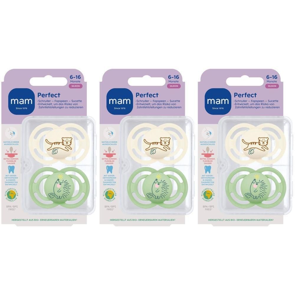 Trois lots de sucettes MAM Perfect pour 6-16 mois. Chaque lot contient une sucette beige avec un tigre et une verte avec un hérisson.