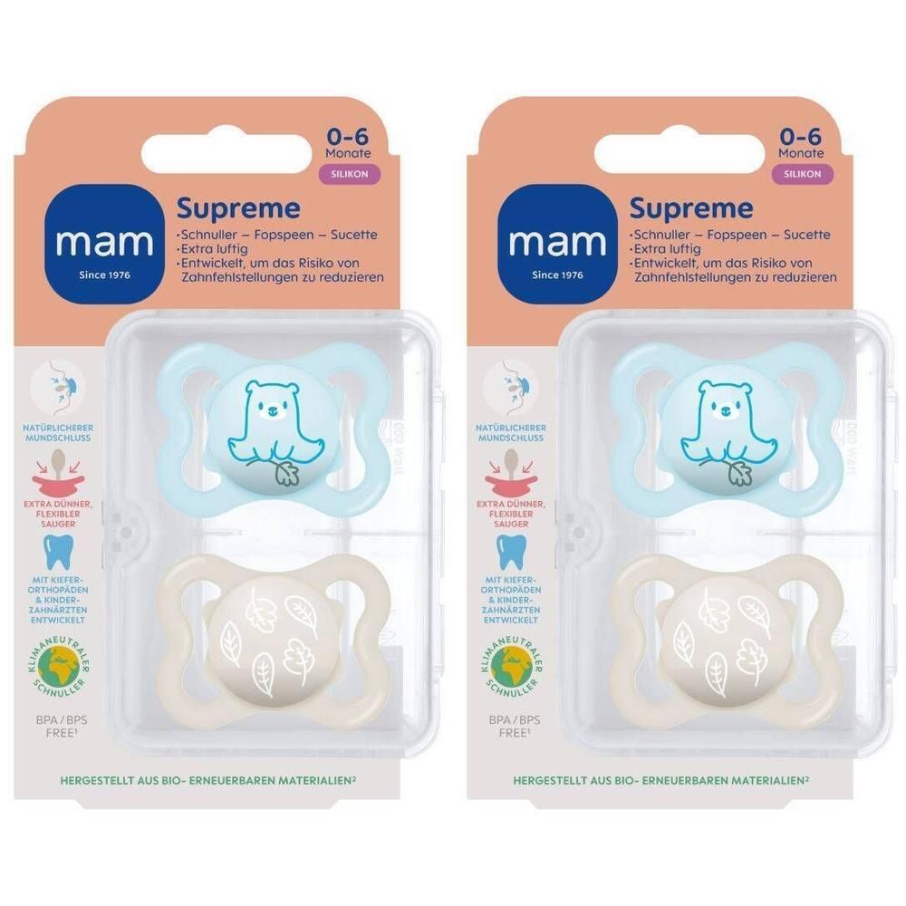 Deux sucettes MAM Supreme en silicone, 0-6 mois. Une bleue avec motif ours, une crème avec motif feuille.