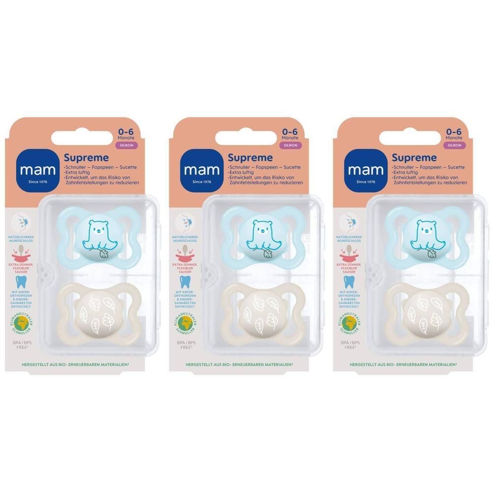 Trois sucettes MAM Supreme en silicone, 0-6 mois, bleues et beiges avec motifs ours et feuilles.