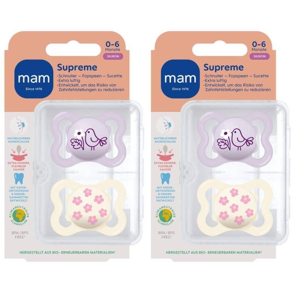 Deux sucettes MAM Supreme, 0-6 mois. Une sucette avec un oiseau, l'autre avec des fleurs.