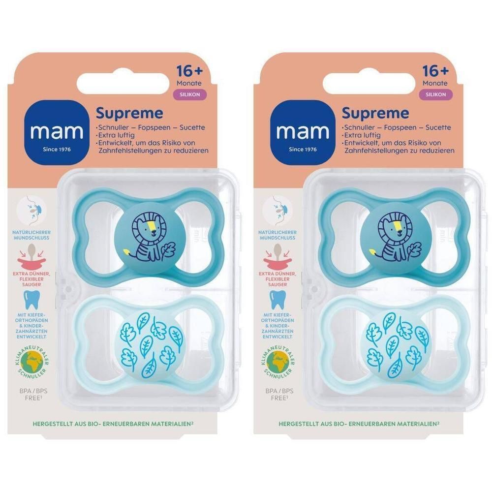 Twee MAM Supreme fopspenen van blauw siliconen voor baby's vanaf 16 maanden, met leeuwen- en bladerenmotieven.