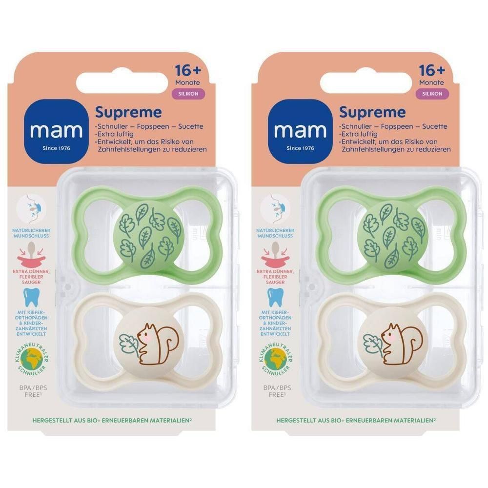 Twee MAM Supreme fopspenen voor baby's vanaf 16 maanden. Eén speen met bladerenpatroon, de ander met eekhoornmotief.