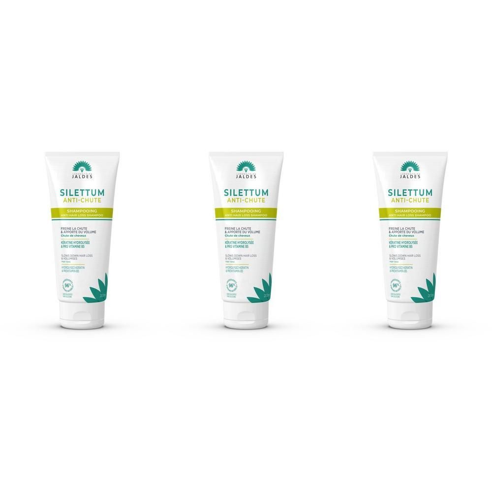 Drie witte tubes Silettum Anti-Chute Shampoo met groen etiket en bladerenmotief.