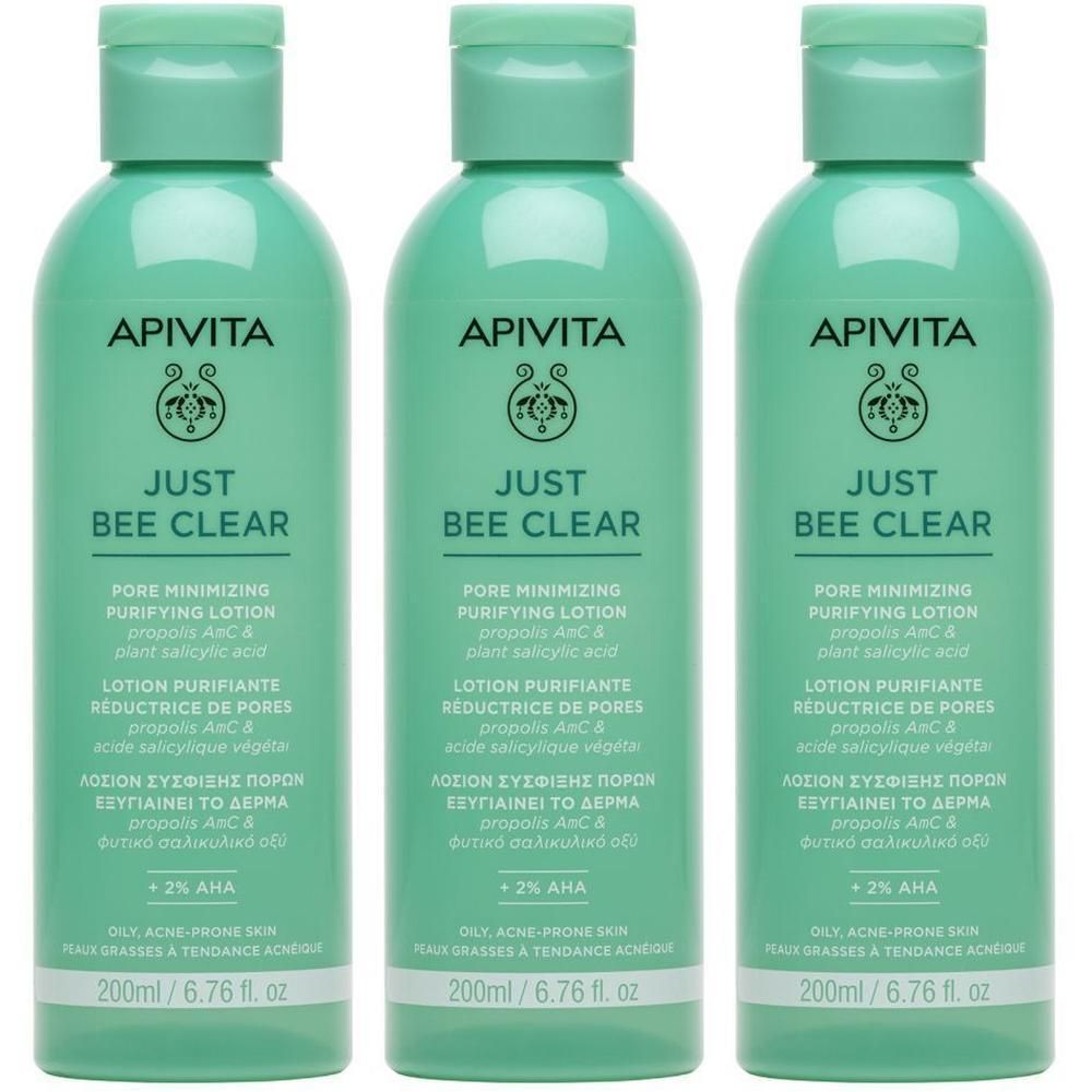 Trois flacons de Lotion Purifiante Réductrice de Pores Apivita Just Bee Clear, 200 ml chacun.