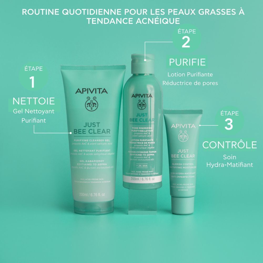 Routine quotidienne pour peaux grasses à tendance acnéique : Gel Nettoyant Purifiant, Lotion Purifiante Réductrice de Pores, Soin Hydra-Matifiant.