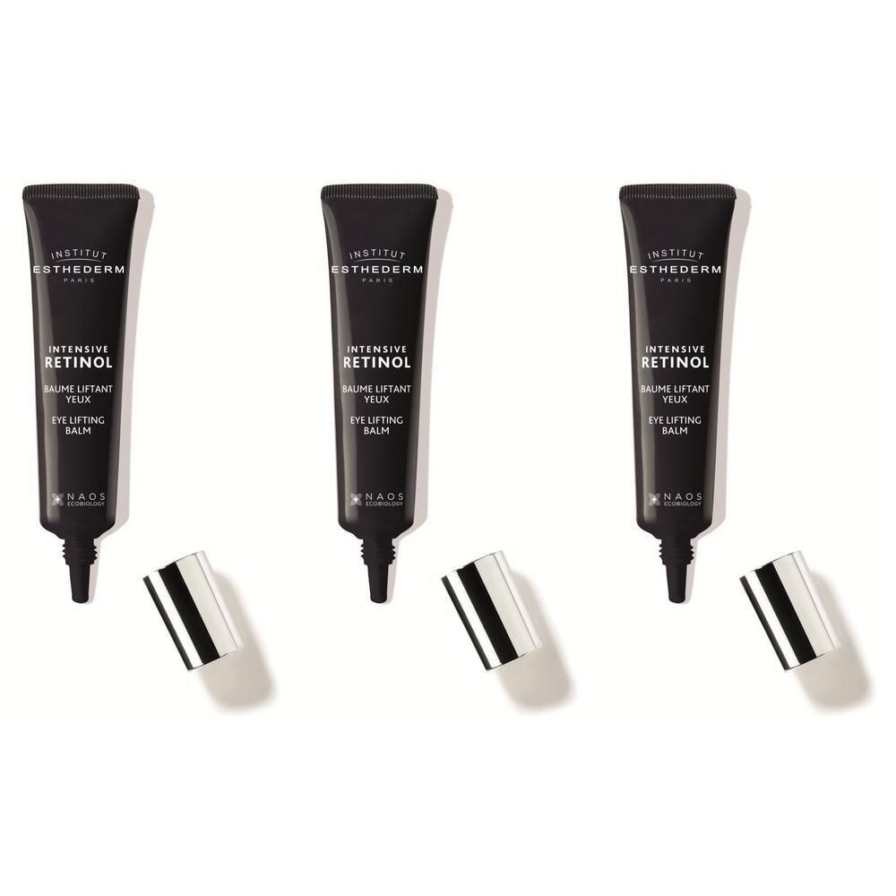Drie tubes Esthederm Intensive Retinol Oogliftende Balsem met zilveren dopjes.