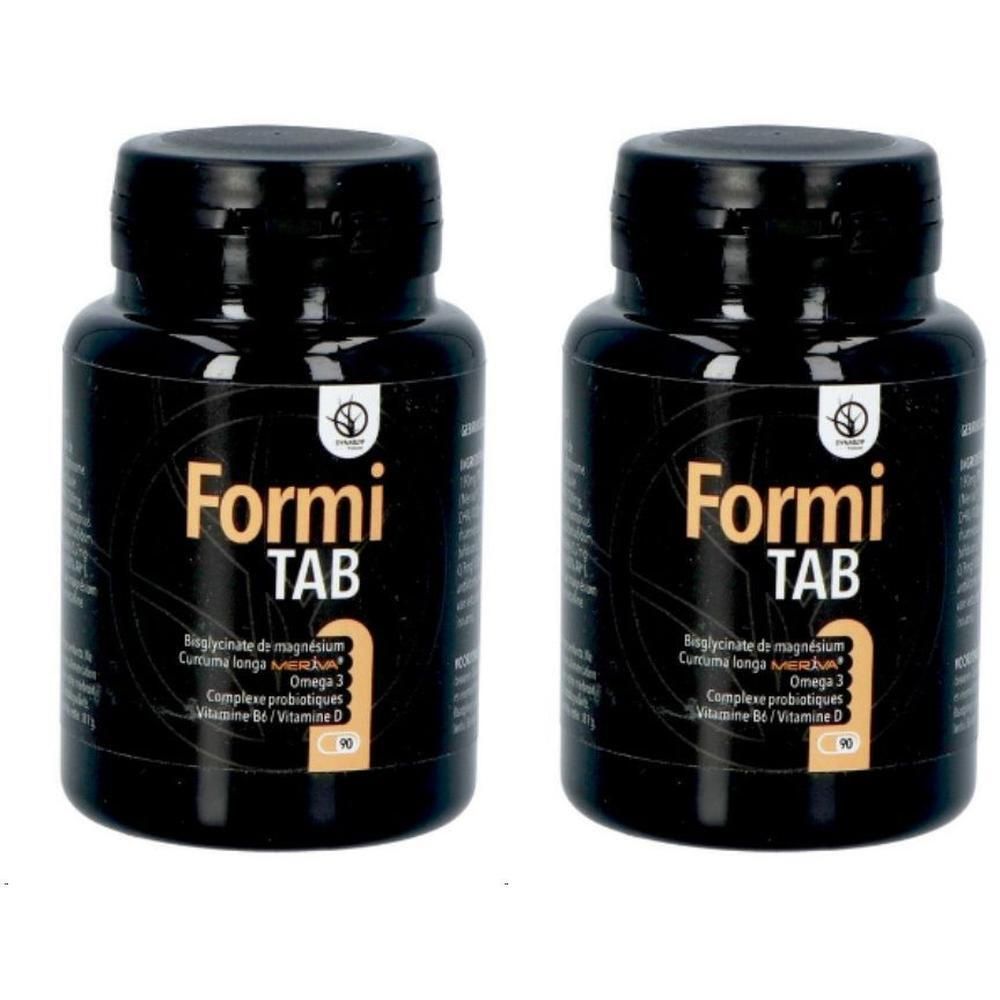 Deux flacons noirs avec inscription "Formi TAB", contenant des compléments alimentaires.