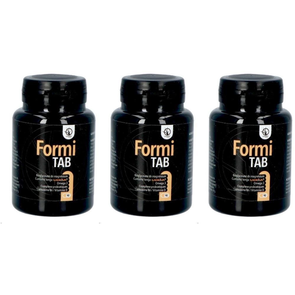 Drie zwarte containers met de productnaam "Formi TAB" en informatie over ingrediënten.