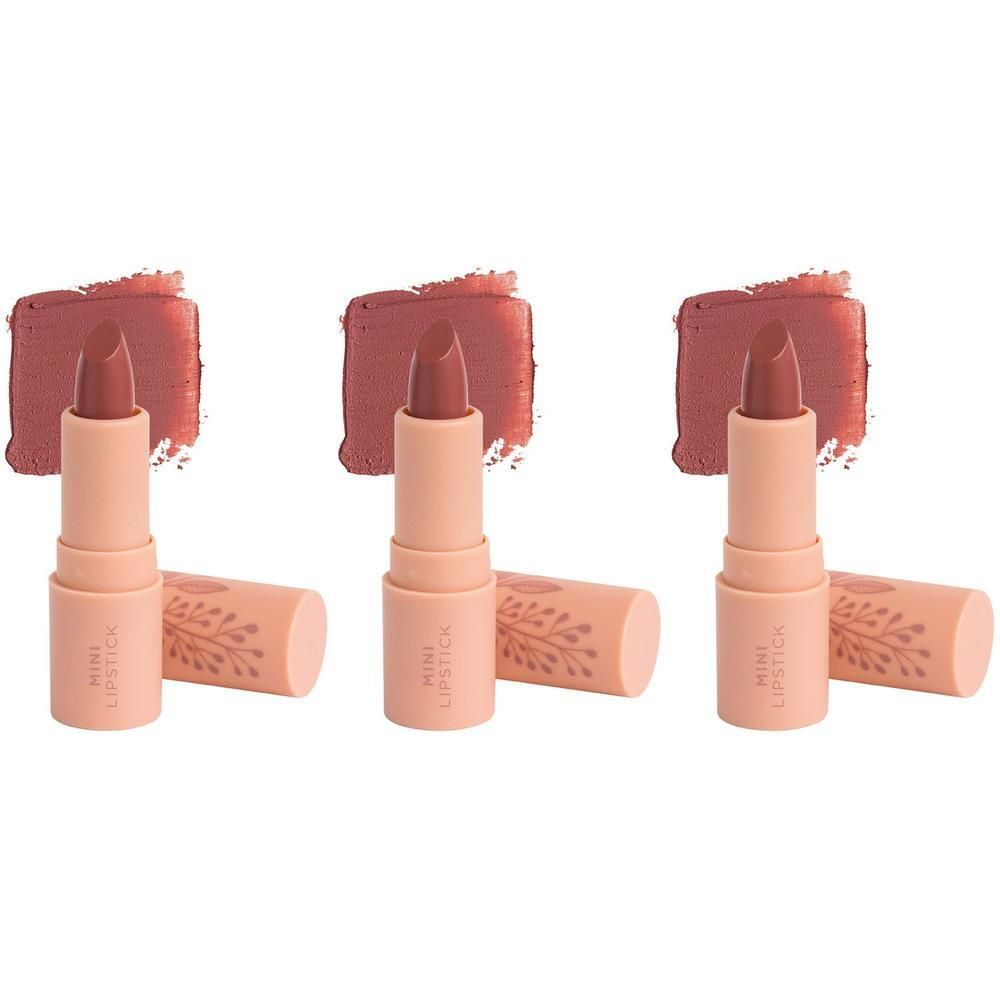 Trois mini rouges à lèvres brun rosé avec des échantillons de couleur assortis. Les capuchons sont ornés d'un motif de feuilles.