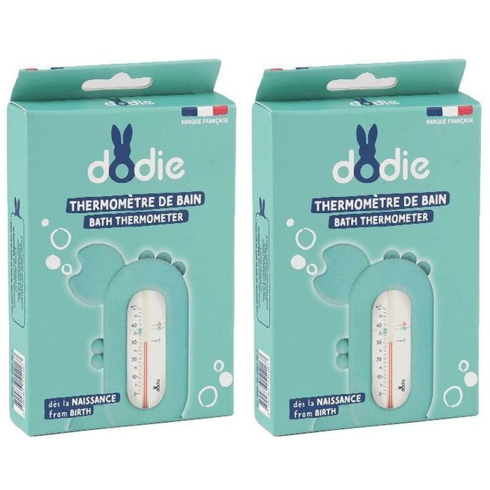 Twee Dodie badthermometers in krabvorm op turquoise verpakking.